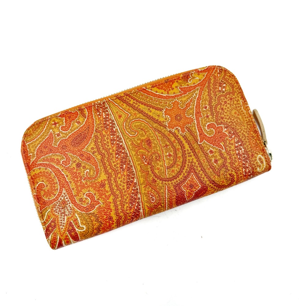 Etro Zip Around Wallet Orange Paisley Coated Canvas Leather Womens OS